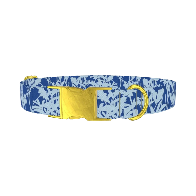 Blue Botanical Silhouette Dog Collar - metal gold
