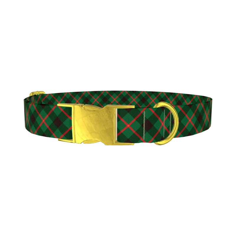 Dark Green Christmas Plaid Dog Collar - metal gold