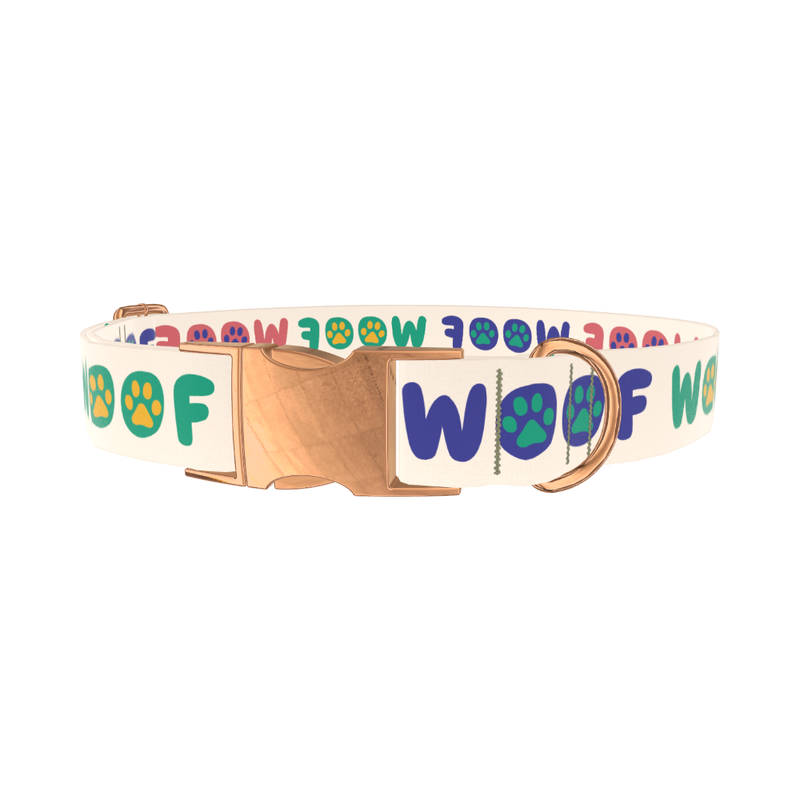 Woof Paw Print Dog Collar - metal rose gold