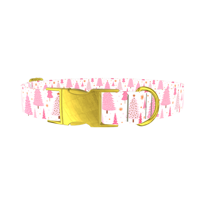 Pink Festive Trees Dog Collar - metal rose gold