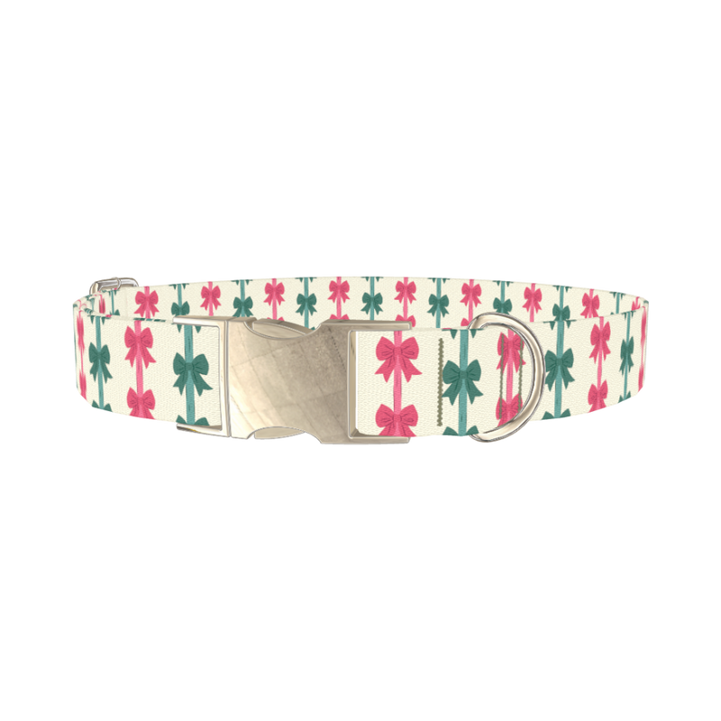 Christmas Bows Dog Collar - metal silver