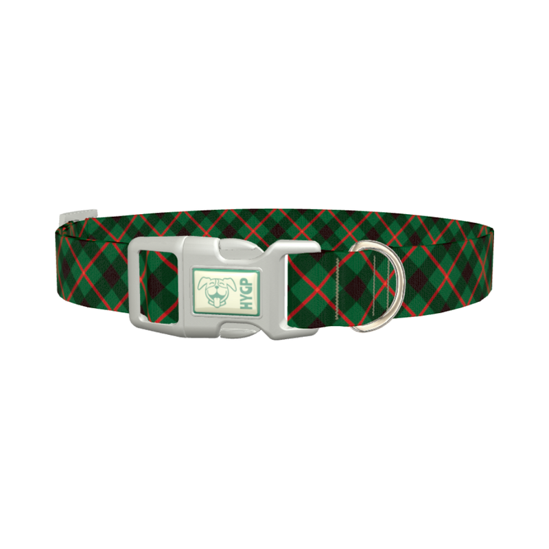 Dark Green Christmas Plaid Dog Collar - plastic silver