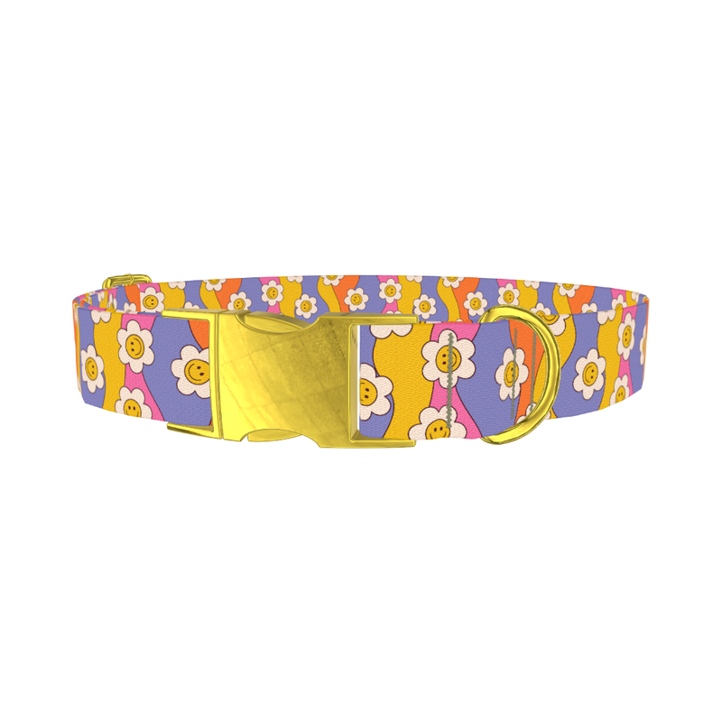 Groovy Smile Flower Dog Collar - metal gold