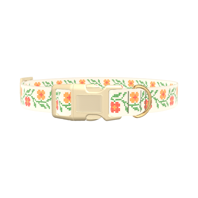 Cross Stitch Flower Dog Collar - plastic silver