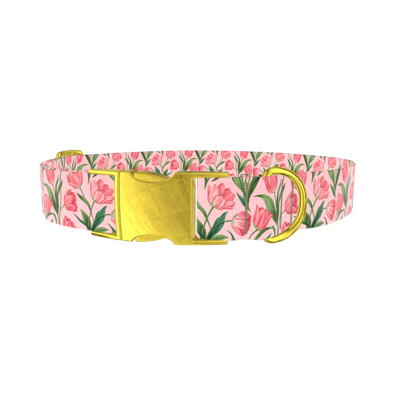 Pink Tulip Blossom Dog Collar - metal rose gold