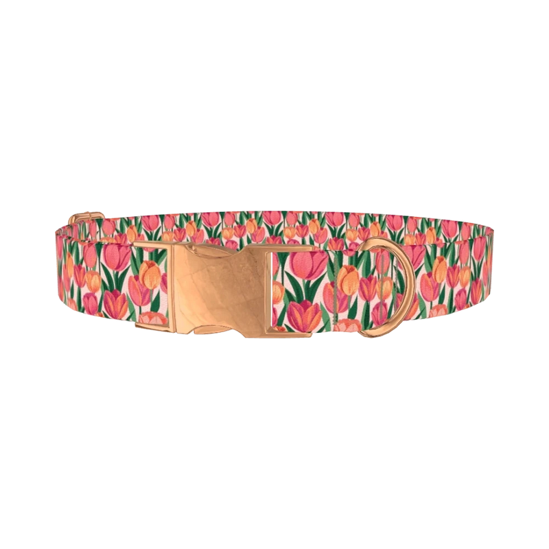 Pink Tulip Dog Collar - metal rose gold