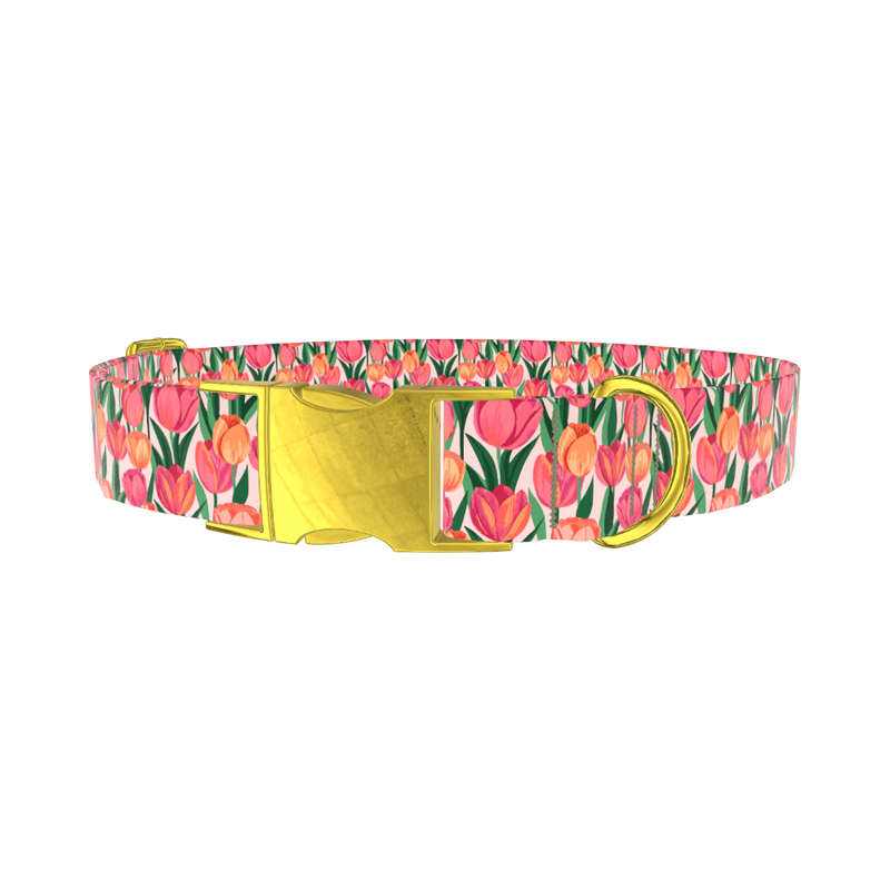 Pink Tulip Dog Collar - metal gold