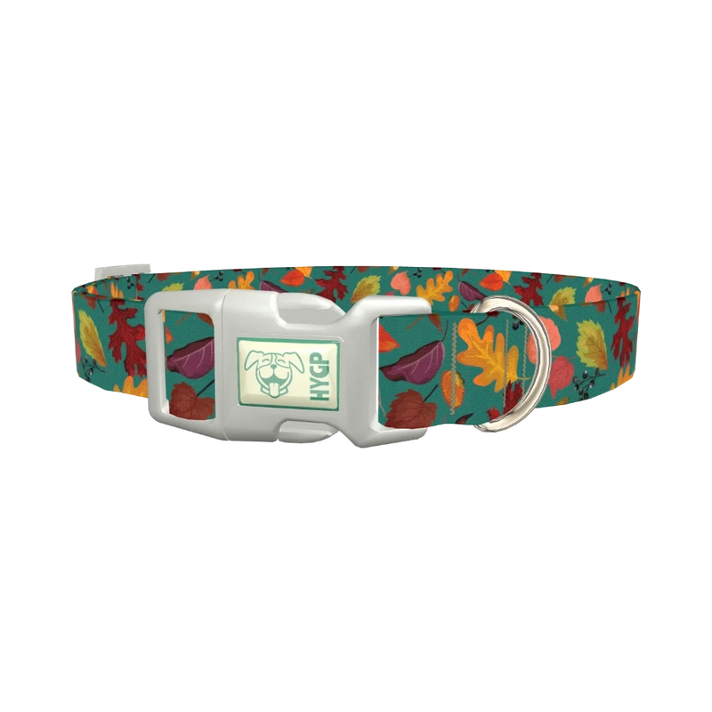 Teal Autumn Foliage Dog Collar - plastic silver