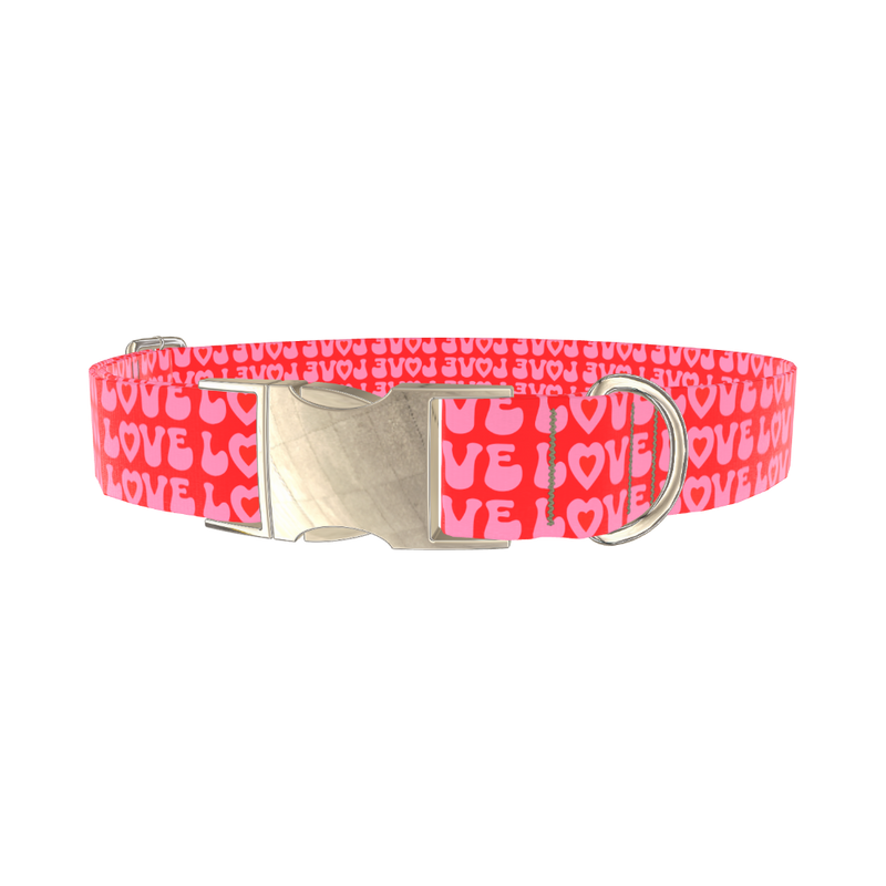 Pink Love Heart Dog Collar - metal silver