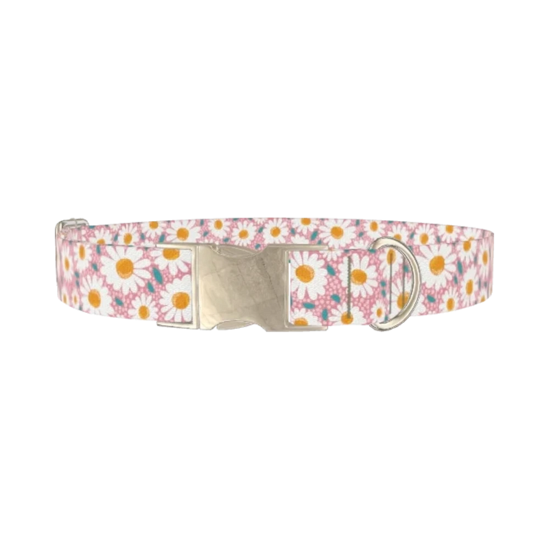 Pink Chamomile Dog Collar - metal silver