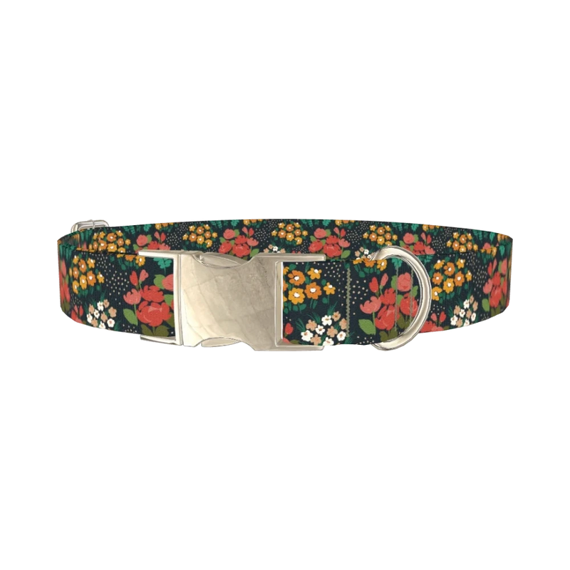 Dark Floral Bouquet Dog Collar - metal silver
