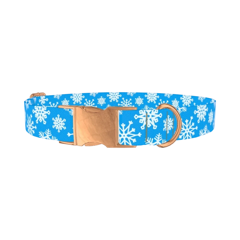 Blue Festive Snowflake Dog Collar - metal rose gold