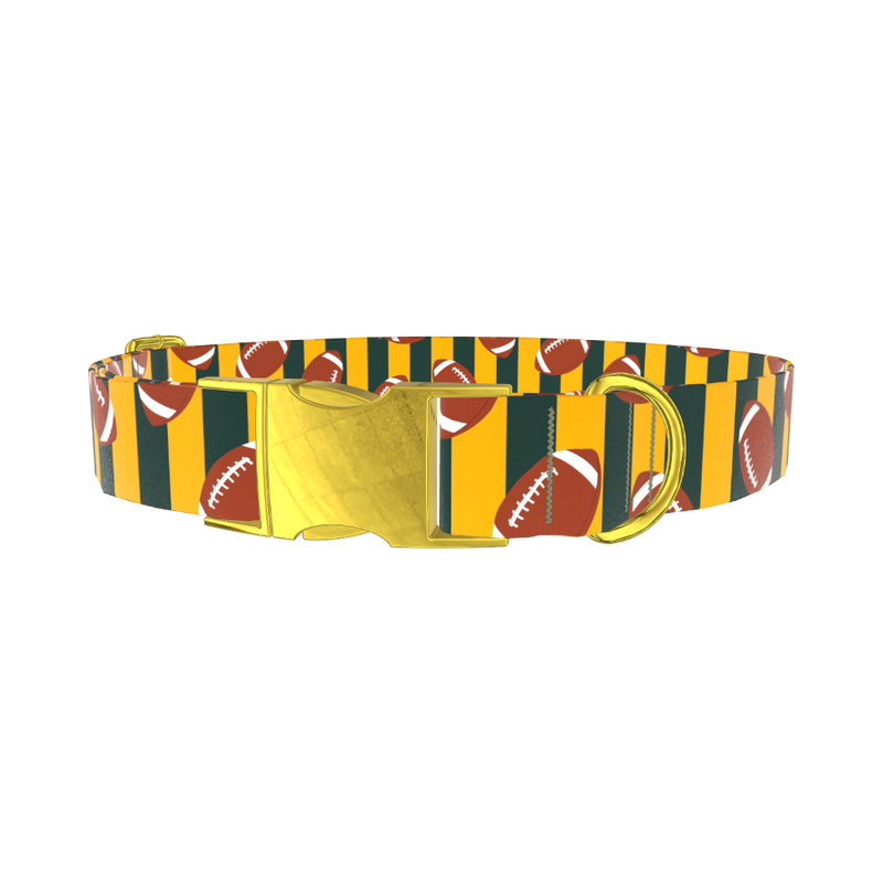 Green Stripe Football Dog Collar - metal gold