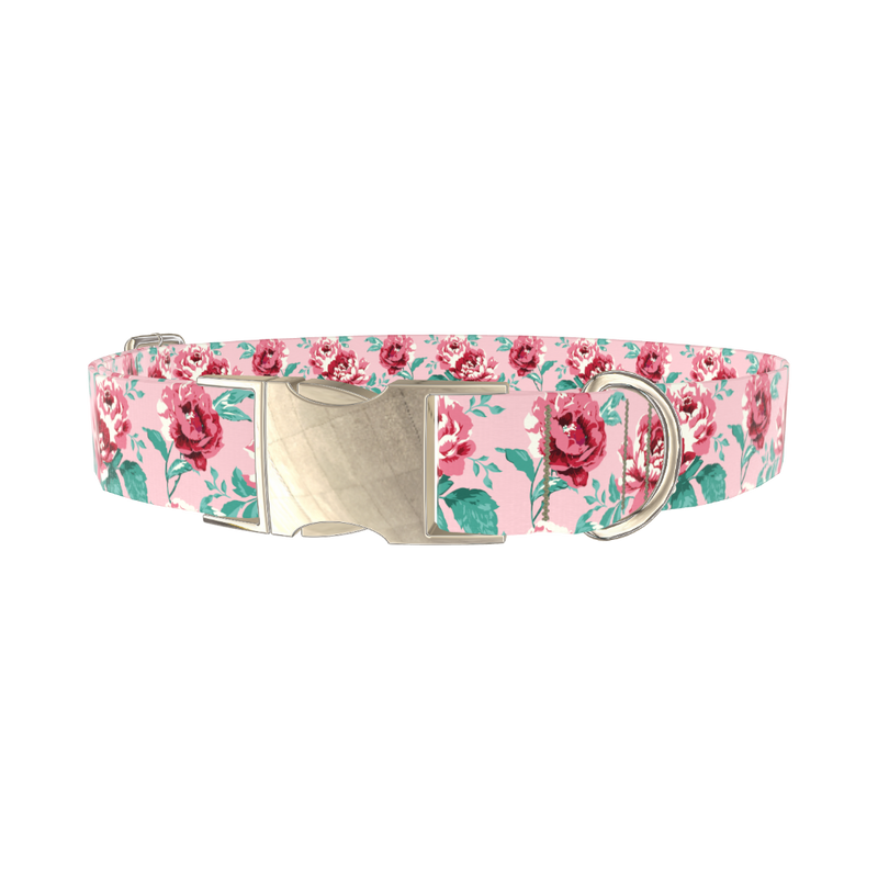 Pink Peony Dog Collar - metal silver