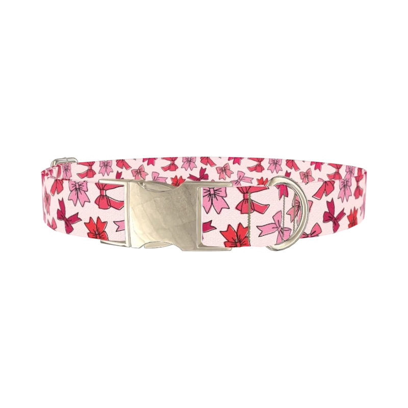 Pink Bow Pattern Dog Collar - metal silver
