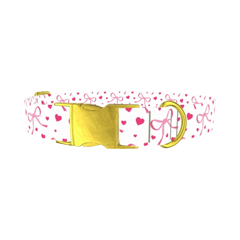 Light Pink Ribbon Heart Dog Collar - metal gold