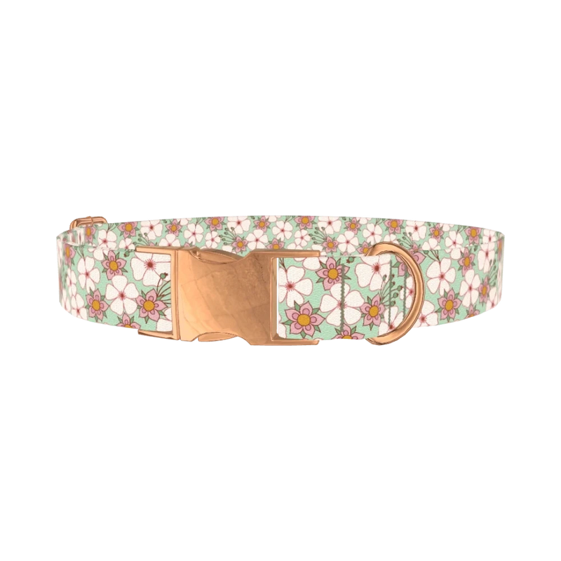 Mint Pink Floral Dog Collar - metal rose gold