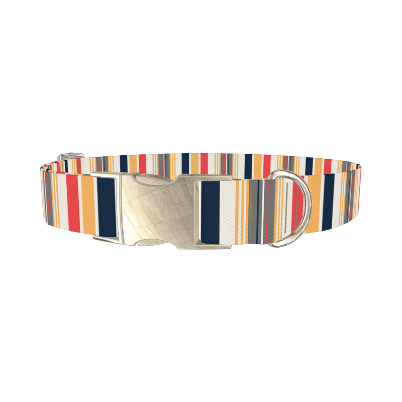 Red Yellow Stripe Dog Collar - metal silver