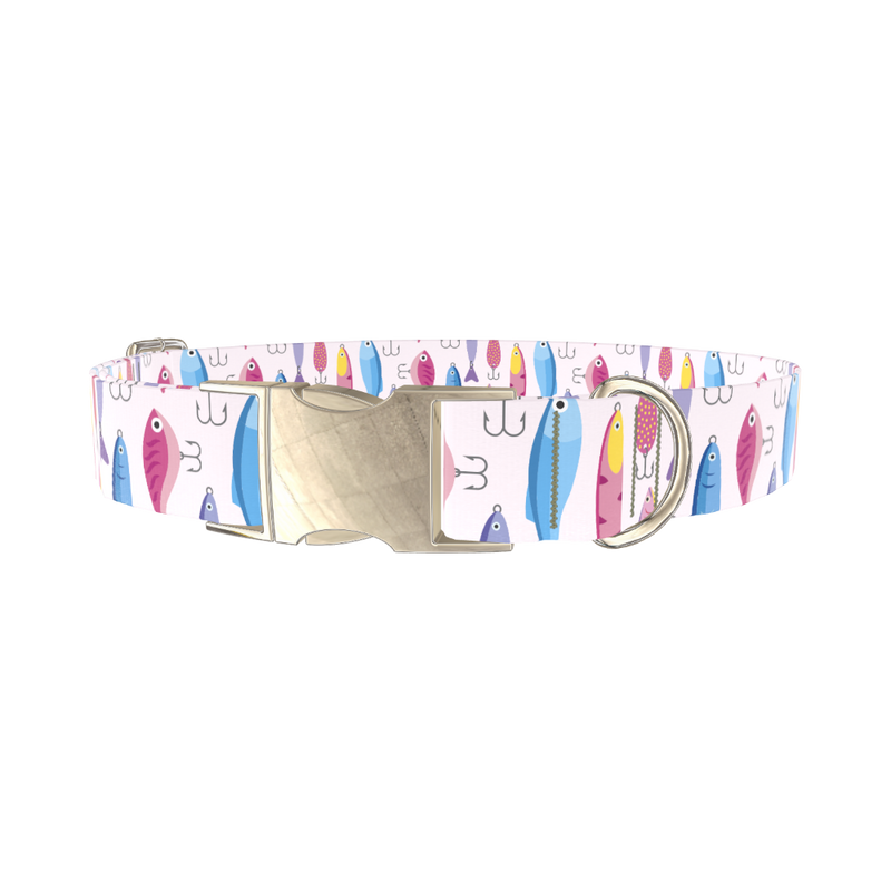 Fishing Lure Pattern Dog Collar - metal gold