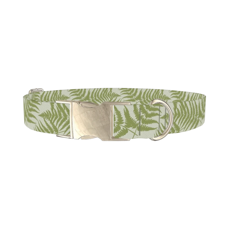 Green Fern Pattern Dog Collar - metal silver