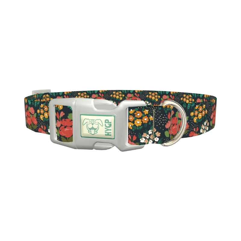 Dark Floral Bouquet Dog Collar - plastic silver