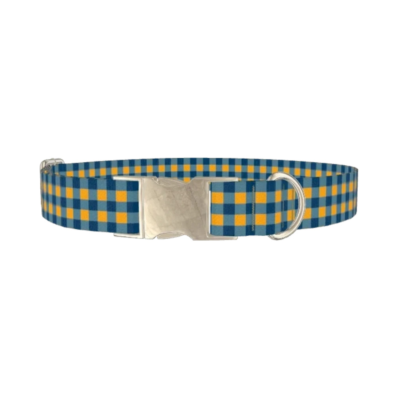 Yellow Blue Checkered Dog Collar - metal silver