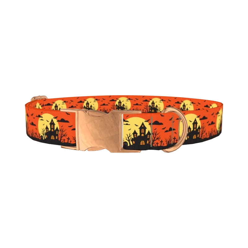 Halloween Haunted House Dog Collar - metal rose gold