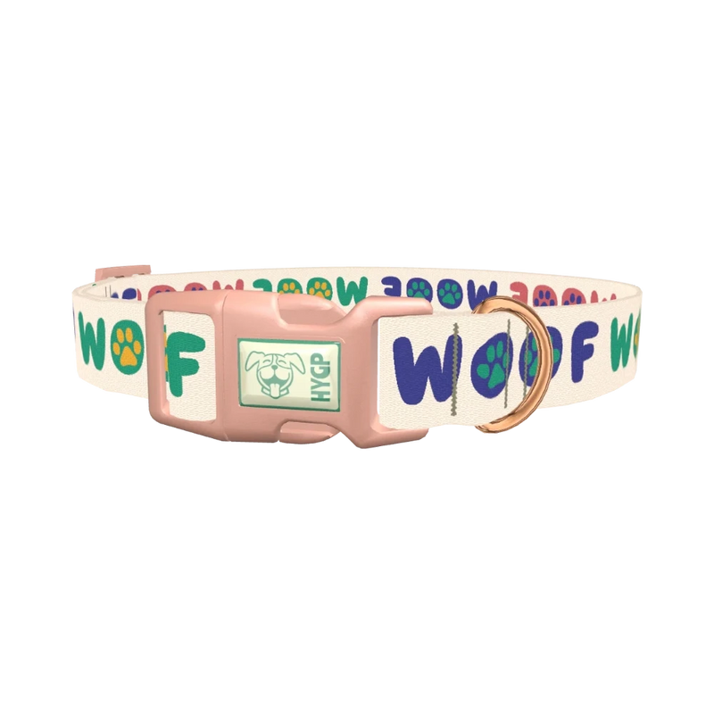 Woof Paw Print Dog Collar - plastic rose gold