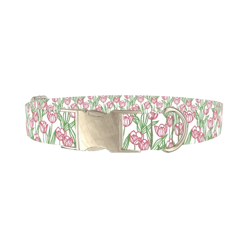 Pink Tulip Sketch Dog Collar - metal silver