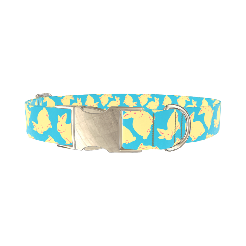 Yellow Bunny Pattern Dog Collar - metal silver