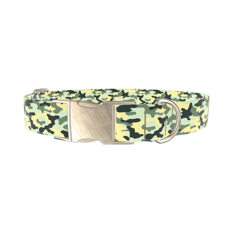 Light Green Camo Dog Collar - metal silver