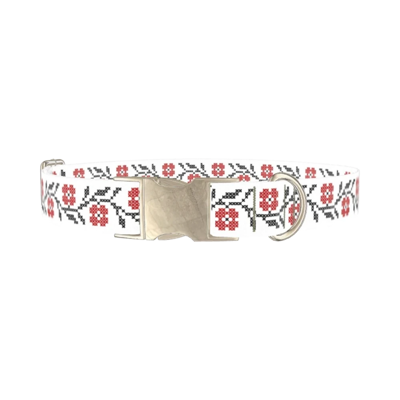 Cross Stitch Floral Dog Collar - metal silver
