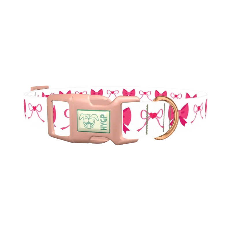 Pink Heart Bow Dog Collar - plastic rose gold