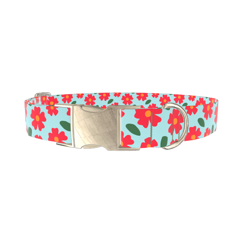 Red Floral Dog Collar - metal silver