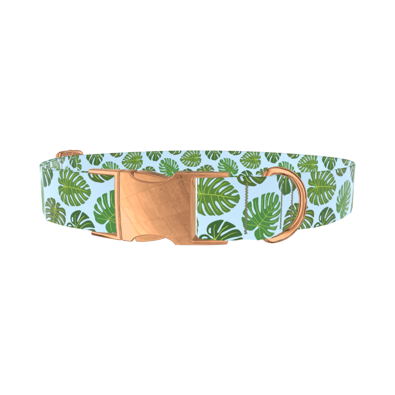Blue Monstera Leaf Dog Collar - metal silver