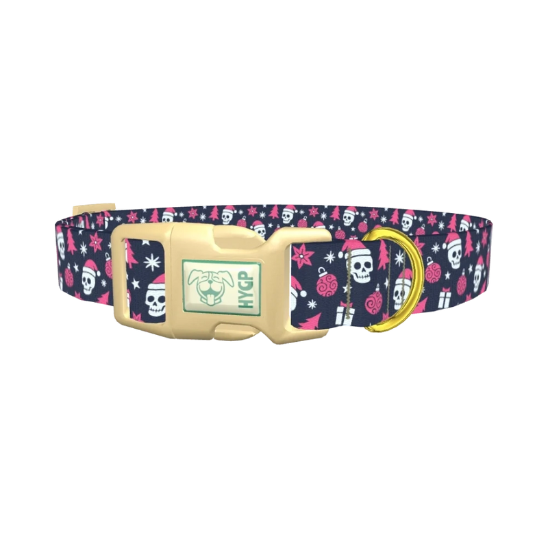 Christmas Gothic Skulls Dog Collar - plastic gold