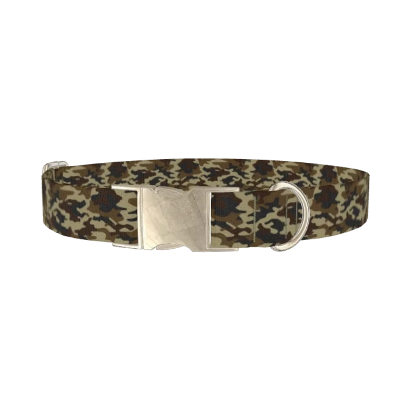 Brown Military Camouflage Dog Collar - metal silver