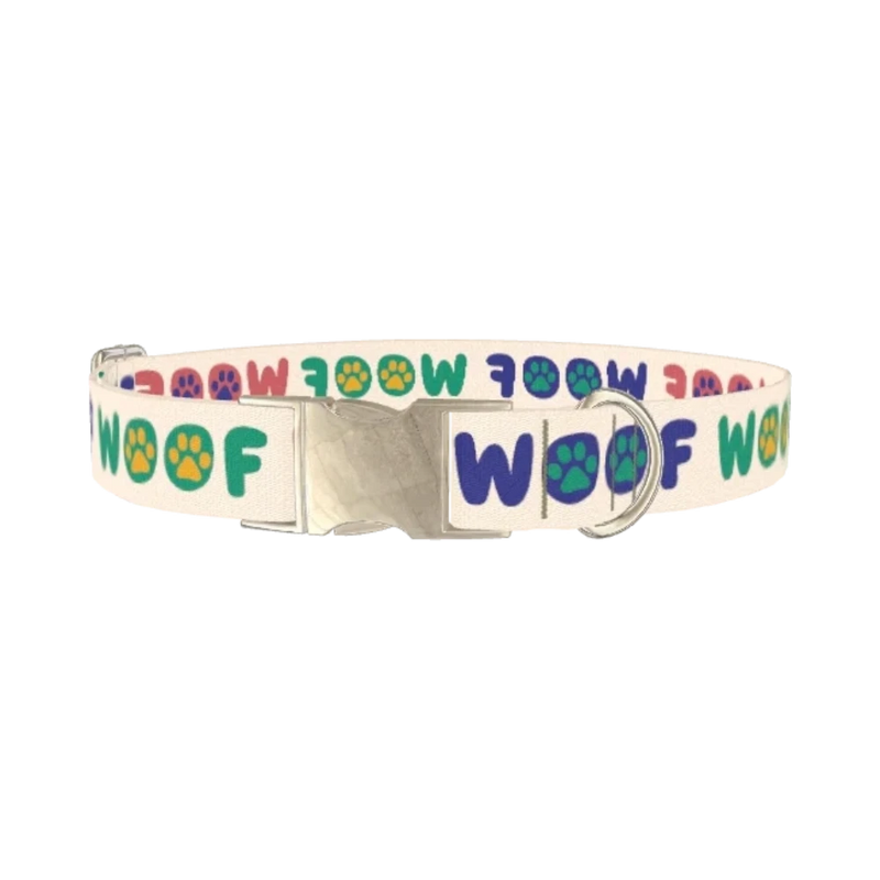Woof Paw Print Dog Collar - metal silver