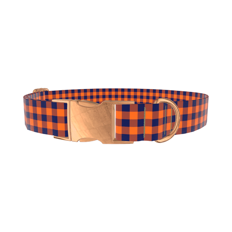 Plaid Orange Dog Collar - metal silver