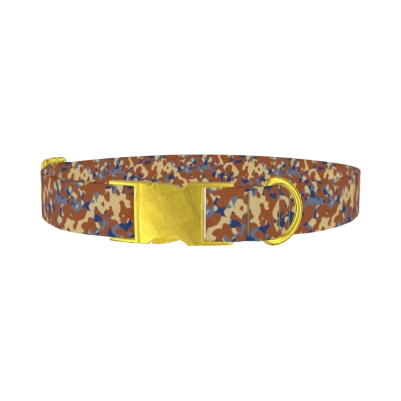 Brown Blue Camo Dog Collar - metal gold