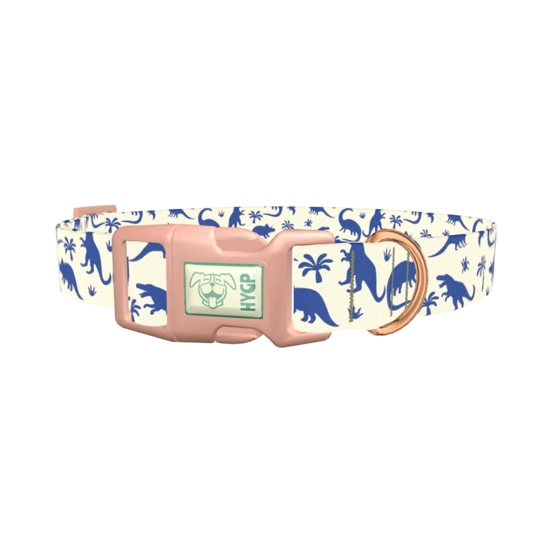 Blue Dinosaur Jungle Dog Collar - plastic rose gold