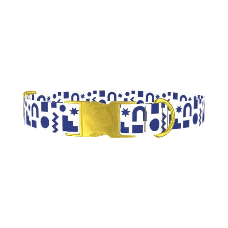 Navy Geometric Shapes Dog Collar - metal gold