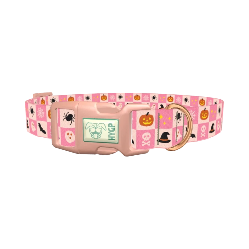 Halloween Tiles Dog Collar - plastic rose gold