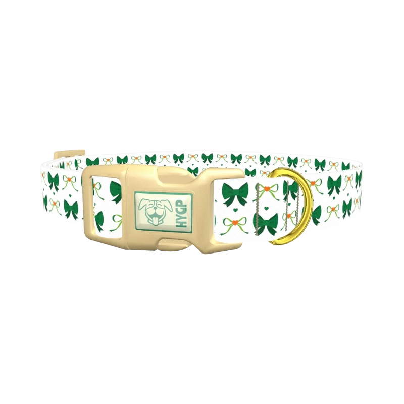 Green Bow Heart Dog Collar - plastic gold