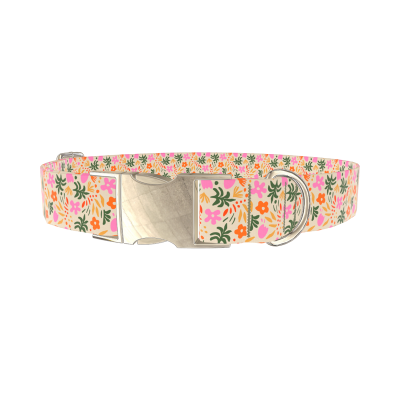 Tropical Floral Dog Collar - metal silver