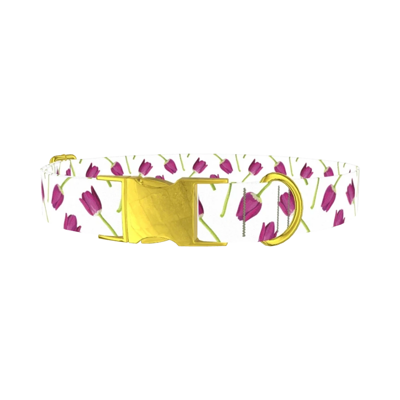 Purple Tulip Floral Dog Collar - metal gold