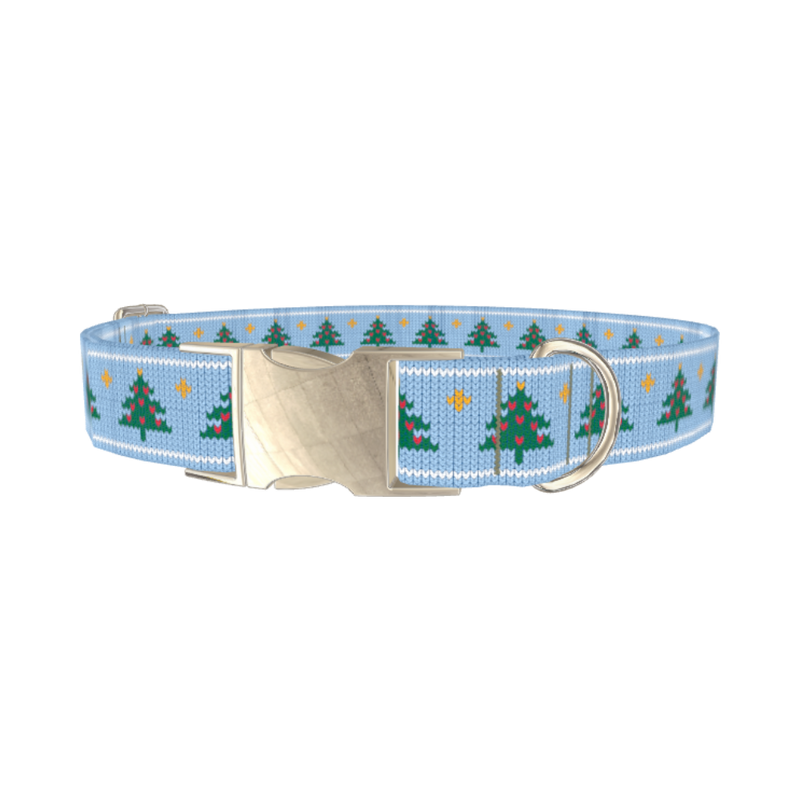 Blue Knitted Christmas Tree Dog Collar - metal silver