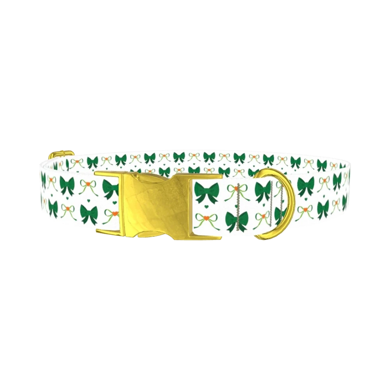 Green Bow Heart Dog Collar - metal gold