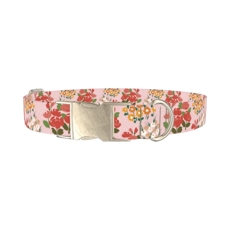Pink Floral Bouquet Dog Collar - metal silver