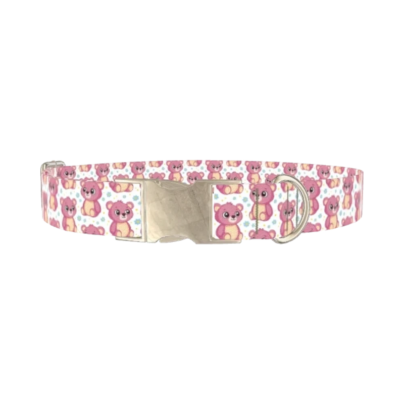 Pink Teddy Floral Dog Collar - metal silver